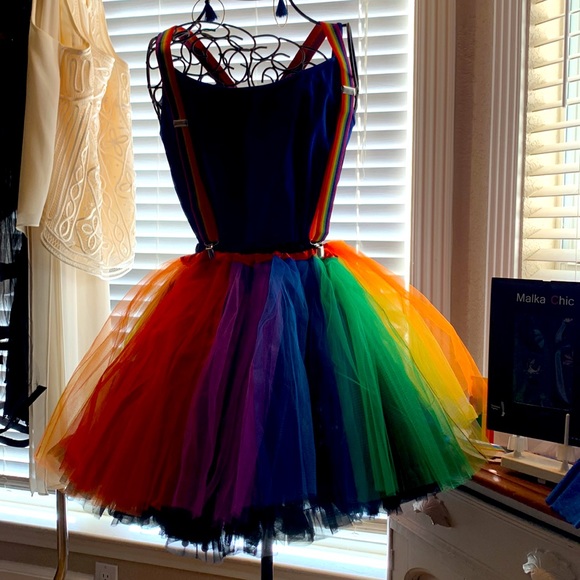 RAINBOW BALLERINA COSTUME -Adult XL/XXL. 2 tutus- black, rainbow. Extras! NWOT. - Picture 2 of 11